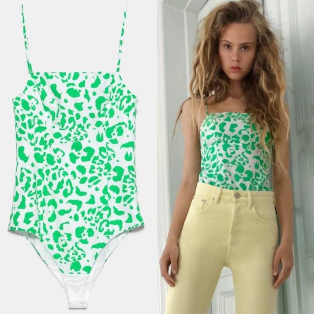 Green and white ZARA PRINTED POPLIN BODYSUIT